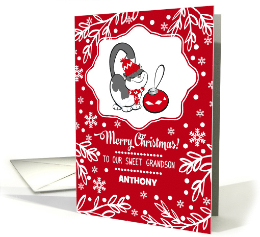 Merry Christmas for Grandson. Cute Kitty with Christmas Bauble card