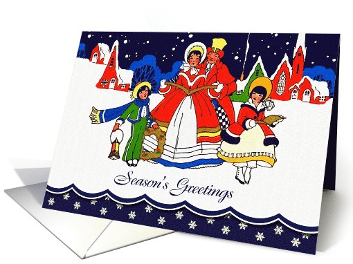 Season´s Greetings. Vintage Winter Scene with Christmas Carolers card