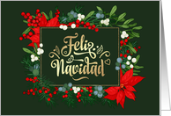 Feliz Navidad Merry Christmas in Spanis Poinsettia and Mistletoe Frame card