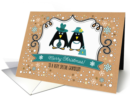 Merry Christmas for Grandson. Cute Penguin Couple card (883349)