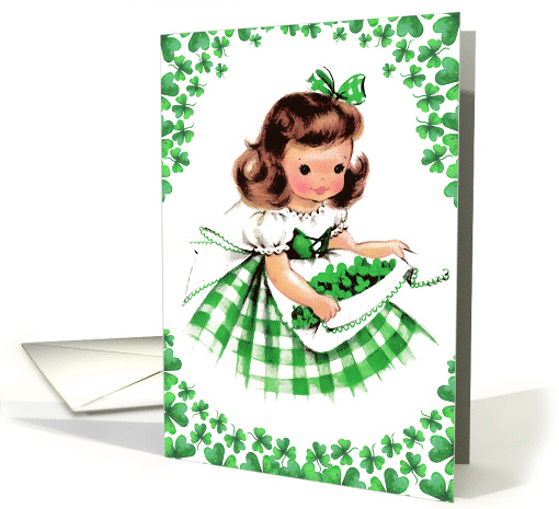 Happy St. Patrick's Day Vintage Irish Girl with Shamrocks card