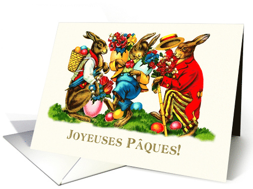 Joyeuses Pques. Easter card in French. Vintage Rabbits card (912385)