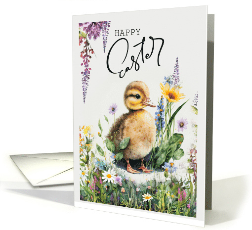 Happy Easter Cute Little Duckling and Spring Flowers Painting card