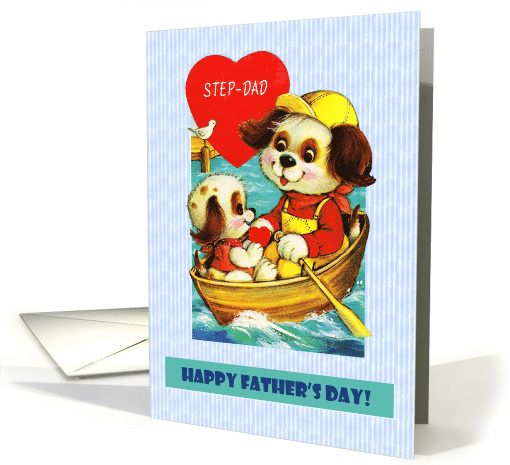 For Step-Dad on Father's Day. Cute Vintage Dog and His Puppy card