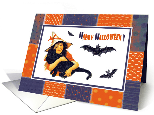 Happy Halloween Vintage Little Witch Black Cat and Bats card (939474)