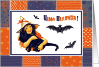 Halloween Costume Party Invitation. Vintage Girl with Black Cat and Bats card