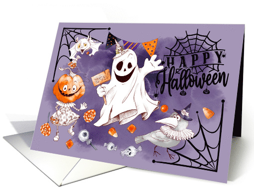 Happy Halloween Fun Ghost Pumpkin Girl Raven card (939519)