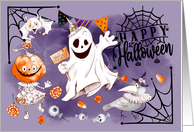 Happy Halloween Fun Ghost Pumpkin Girl Raven card