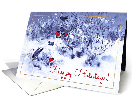 Happy Holidays. Winter Scene with Bulfinches Vintage Painting card
