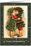 Frohe Weihnachten. German Christmas Card with a vintage kissing kids card