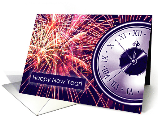 Business Happy New Year Greetings Fireworks and Countdown Clock card