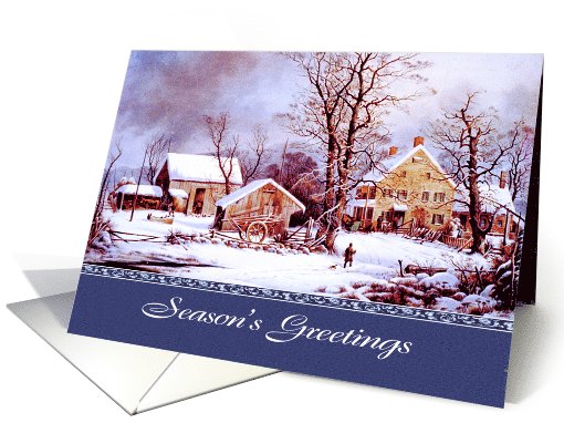 Seasonal Greetings for Customers. Vintage Winter Farm Scene card