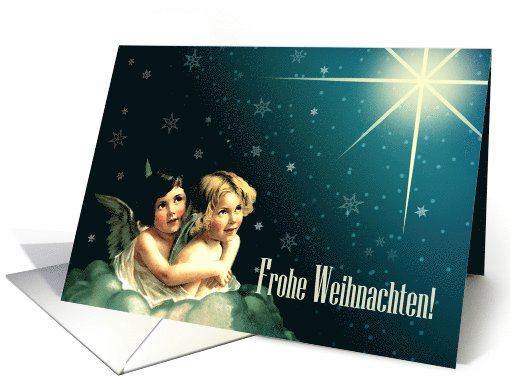Frohe Weihnachten. German Christmas card with vintage angels card