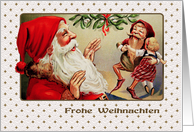 Frohe Weihnachten. German Christmas Card with a vintage Santa Claus card