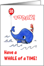 10th Birthday with Comic Whale in Party Hat card