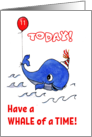 Custom Age Birthday with Comic Whale in Party Hat card