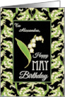 Custom Front May Birthday with Lilies on Black card