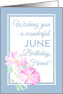 For Friend Birthday with Pink June Roses and Blue Border Blank Inside card