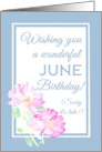 Belated Birthday with Pink June Roses and Blue Border Blank Inside card