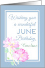 Custom Front Birthday Pink June Roses and Blue Border Blank Inside card