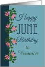 Custom Name June Birthday with Dog Rose Pattern. card