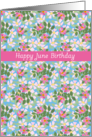 June Birthday with Pink and White Dog Roses on Blue card