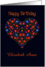 Custom Name Birthday with Folk Art Style Floral Heart card