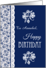 Custom Front Name Birthday Indigo and White Floral and Faux Lace card