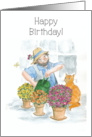 Birthday Greetings with Fun Man in Greenhouse with Cat card