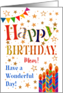 Bright Happy Birthday Card for Mom, Stars, Bunting and Candles card