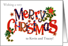 Custom Name Merry Christmas with Stars and Poinsettias card
