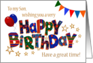 For Son’s Birthday with Balloons Bunting Stars and Word Art card