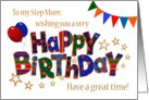 Step Mom’s Birthday with Balloons Bunting Stars and Word Art card