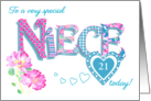 Custom Age for Niece’s Birthday Word Art with Roses and Hearts card