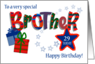 Custom Age Brother’s Birthday with Word Art Gift Boxes and Stars card