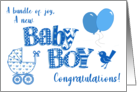 Baby Boy Congratulations with Word Art Balloons Vintage Pram card