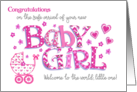 New Baby Girl Congratulations with Pink Word Art Hearts and Flowers card