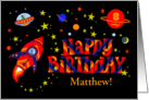 Custom Name and Age Birthday with Spaceship and Flying Saucer card