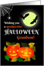 For Grandson Halloween with Bats Pumpkins and Spider Hanging from Web card