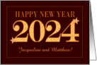 Custom Name New Year 2024 Gold Effect on Dark Red with Stars card