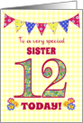 For Sister 12th Birthday with Primrose Flowers and Bunting card