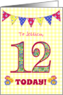 Custom Name Jessica 12th Birthday with Primrose Flowers and Bunting card