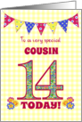 For Cousin 14th Birthday with Primrose Flowers and Bunting card