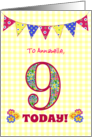 Custom Name 9th Birthday with Primrose Flowers and Bunting card