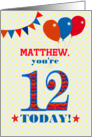 Custom Name 12th Birthday with Bunting Stars and Balloons card