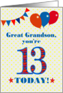 For Great Grandson 13th Birthday with Bunting Stars and Balloons card