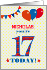 Custom Name Nicholas 17th Birthday with Bunting Stars and Balloons card