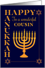 For Cousin Hanukkah with Menorah Star of David on Dark Blue card