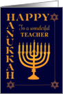 For Teacher Hanukkah with Menorah Star of David on Dark Blue card