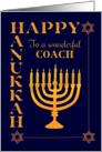 For Coach Hanukkah with Menorah Star of David on Dark Blue card